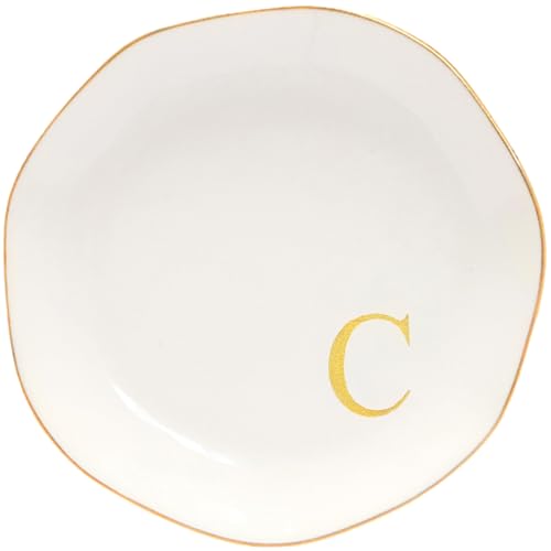 Image of Ceramic Jewelry Tray Initial Ring Dish Personalized C-Monogrammed Engagement Wedding Gifts, for Birthday Mother's Day Christmas for Women, Ceramic White 4.75 inch (C)