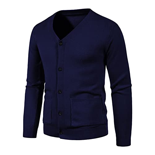 JEShifangjiusu Men's Cotton Cardigan Sweater Button Down V Neck Basic Knitted Sweater Lightweight Loose Fit Cardigan Overcoat, Dark Blue, XX-Large
