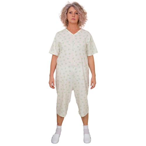 FERRUCCI COMFORT Pijama Sanitario Verano Manga Corta Pantalones Cortos - 9012/6 - Cremallera en el Dorso e Interior de las Piernas, para Mayores, Alzheimer, Incontinencia, Femenino, S