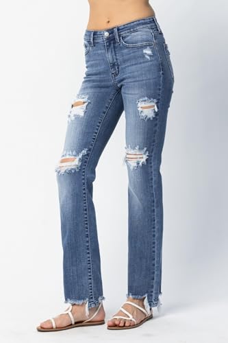 Judy Blue Destroyed Straight Mid-Rise Jeans for Women – Comfortable Stretch Denim with Distressed Details - 824252