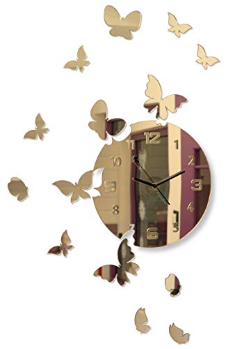 FLEXISTYLE Grande orologio da parete moderno a forma di farfalla, rotondo, 30 cm, 15 farfalle, soggiorno, camera da letto, cameretta dei bambini, prodotto nell'UE (specchio d'oro)
