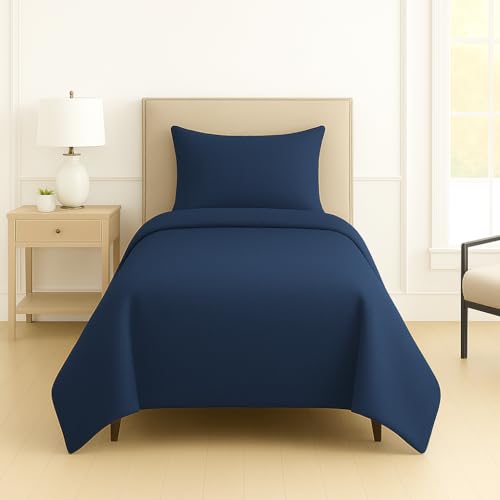 Image of DECOR2ADMIRE 300 TC Premium Glace Cotton Solid Lines Pastel Shades Bedsheet for Single Bed with 1 Pillow Cover for Home (Solid-Plain Navy Blue, Single 60 inch x 90 inch)