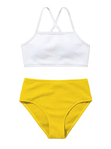 Image of SHENHE Girl's 2 Piece High Waisted Bikini Sets Criss Cross Spaghetti Strap Swimsuit Bathing Suit