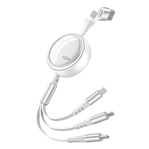 Image of Verilux Car Charger Cable 3 in 1 Fast Charger, PD 100W Retractable Car Cable with USB A /C to USB C /Lighting /Micro, 480Mbps Data Transfer for iPhone 17 /16 /15 /14, Galaxy S24 /S23, Android, Laptop, White