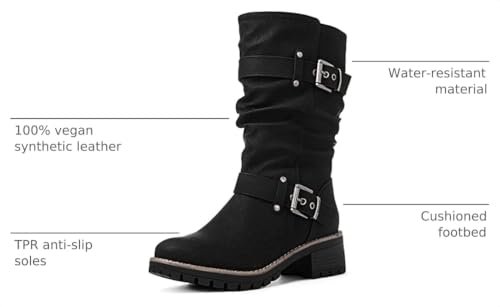 Image of GLOBALWIN Chunky Mid Calf Fashion Dressy Motocycle Biker Military Style Combat Boots for Women Low Heel