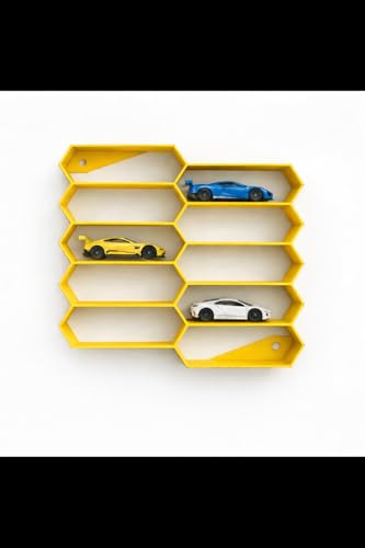 Image of 10-Car Hexagon Wall Rack Compatible with Hot Wheels Stand & 1:64 Die-Cast Cars | Stackable Wall Display Organizer with Side Guards & Screw Slot|Home & Office Decor (NO CAR INCLUDED)(Yellow)