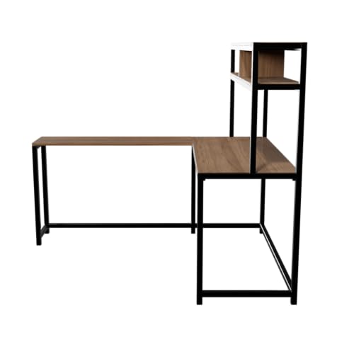 Image of Riyan Luxiwood Hutch Corner Study Table with Two Tier Shelf, Multi-Utility Office Table, Large Work Space, Corner Desk (150 X 150 X 150 Cm) (Beige)