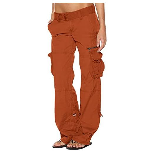 SMIDOW Pantalon cargo taille basse pour femme - Grande taille - Pantalon baggy extensible à jambes larges et poches - Pantalon militaire Y2K Streetwear, #G03-orange, Taille M