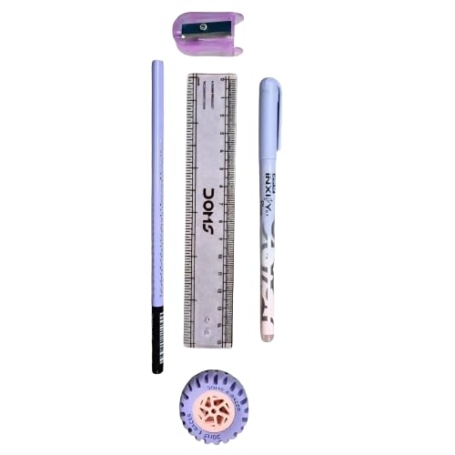 Image of Doms All The Best Stationery Kit| Includes 1 Each- Inxify Plus Ballpen Blue Ink, 15 Cm. Scale, Triangular Extra Dark Wooden Pencil, Long Point Sharpener & Tyre Shape Eraser| For Daily Use| Pack of 10