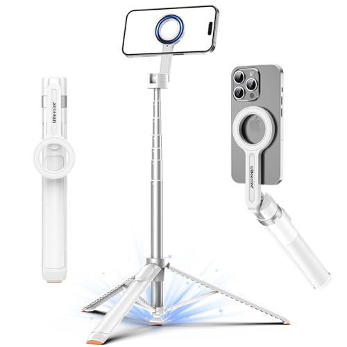 UBeesize 70" Auto-Open Magnetic Tripod for iPhone, MagSafe Selfie Stick with Remote, Portable Phone Stand for Recording, Travel and Vlogging, Compatible with iPhone/Android (White)