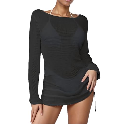 Genérico Traje de baño para Mujer, Pareo de Crochet, Ahuecado, de Manga Larga, con cordón Ajustable, Pareo de baño Ligero