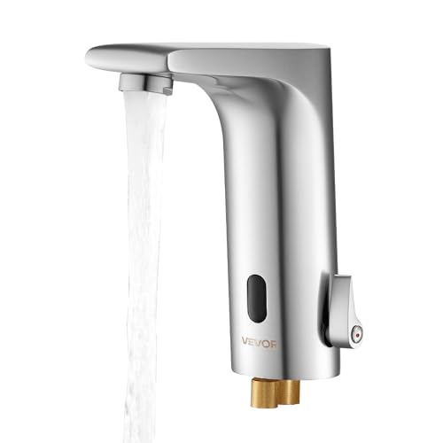 VEVOR Mitigeur Automatique sans Contact, Robinet à Capteur de Lavabo, Mélangeur d’Eau Chaude et Froide Réglable Mains Libres, Poignée Unique, pour Tuyau de 9,5 mm, Cuisine Salle de Bain, Argent