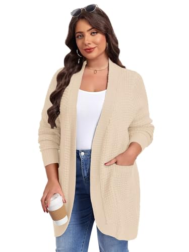 Image of LARACE Long Cardigans for Women Plus Size Tops Open Front Sweaters with Pockets Waffle Ribbed Sleeve Loose Fall Outwear