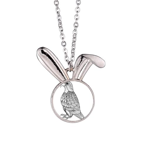 Collier long lapin et pendentif oiseau en peinture sur médaillon