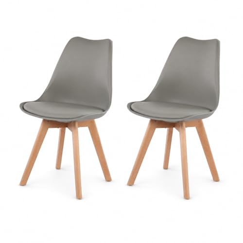 EGGREE™ - Lot de 2 chaises pour salle à manger/bureau, avec pieds en hêtre massif, sans accoudoirs, rembourrées, design pour un confort maximum, gris