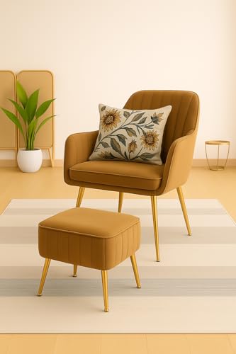 Image of Velvet Accent Chair with Matching Pouffe & Floral Cushion | Upholstered Lounge Armchair with Gold Metal Legs for Living Room, Bedroom, Office & Guest Room (Light Brown)