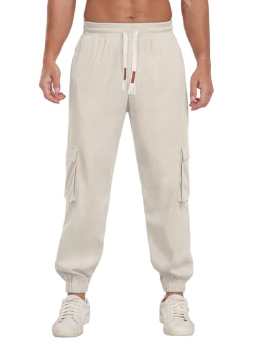 Askdeer Mens Corduroy Joggers Pants Casual Cargo Pants Drawstring Elastic Waist Baggy Tapered Sweatpants with 5 Pockets Beige2