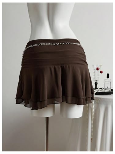MakeMeChic Women's Fall Brown Mini Skirt Y2K Ruched A Line Ruffle Tiered Flared Hem Short Skirts2