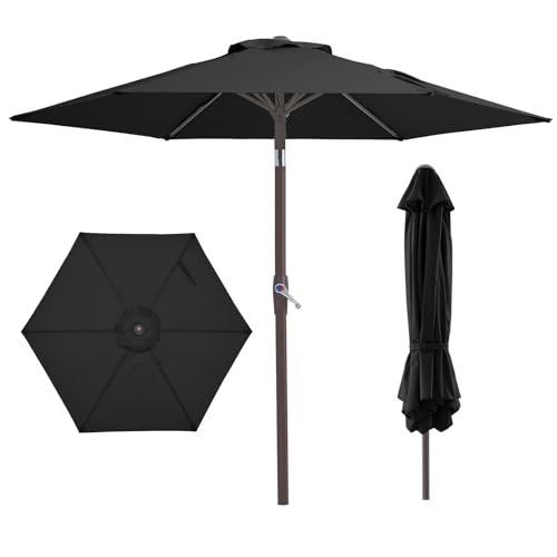 JEAREY 7.5FT Patio Umbrella Market Table Umbrella with 6 Sturdy Ribs Push Button Tilt/Crank Outdoor Umbrella for Garden Deck Backyard Dark Black