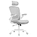 SONGMICS Sedia da Ufficio Girevole, Sedia di Rete da Computer Ergonomica, Supporto Lombare, Oscillante, Seduta 53 cm, Braccioli Pieghevoli, Poggiatesta, Grigio Tortora OBN047G01