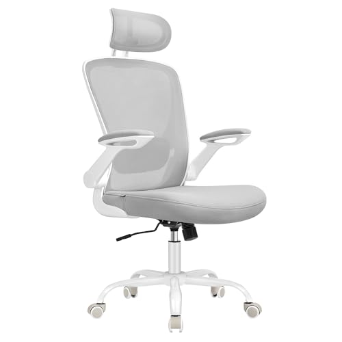 SONGMICS Sedia da Ufficio Girevole, Sedia di Rete da Computer Ergonomica, Supporto Lombare, Oscillante, Seduta 53 cm, Braccioli Pieghevoli, Poggiatesta, Grigio Tortora OBN047G01