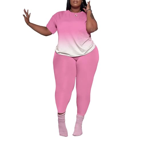 PINSV Women's Plus Size 2 Piece Outfits Tracksuits Short Sleeve Top Pants Sets Sweatsuits Pink Gradient 4XL