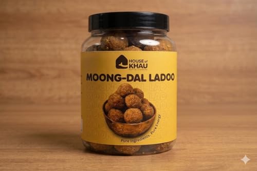 Image of HOUSE OF KHAU Moong Dal Ladoo with Traditional Lentil Sweet Flavour | No Sugar & Preservatives | Homemade Style Treat Made with Dry Anjeer, Jaggery & Ghee | Tea Time Snacks Munching (300 Grams)