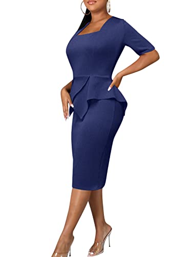 Women's Office Work Peplum Dress - Cocktail Party Ruffle Bodycon Pencil Sheath Dresses Navy Xl #TOP3