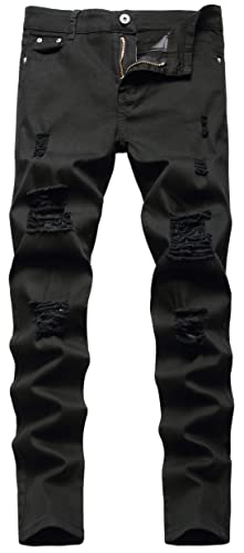 Kihatwin Boy's Skinny Ripped Jeans Destroyed Distressed Taper Zipper Pants with Holes