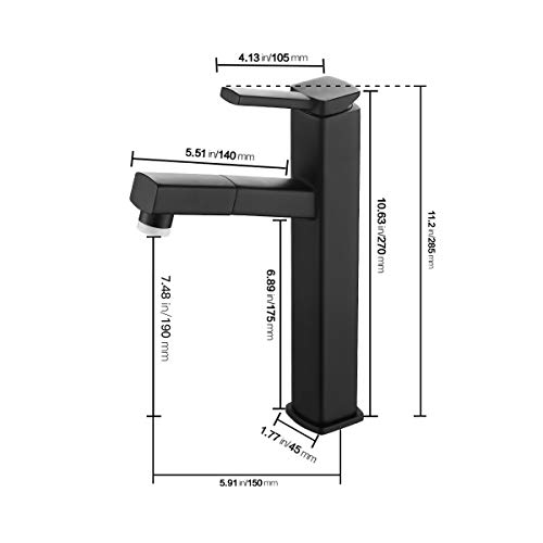 KAIYING Pull Down Bathroom Sink Faucet, Modern Lavatory Vessel Sink Faucet, Utility Single Hole Kitchen Sink Faucet with Pull Out Sprayer, Commercial Basin Mixer Tap, Brass (Tall, Black)
