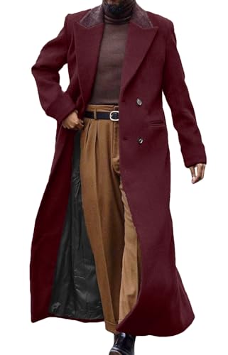Image of Man's Double Breasted Full Length Trench Coat Casual Corduroy Collar Long Jacket Peacoat Wool Blend Winter