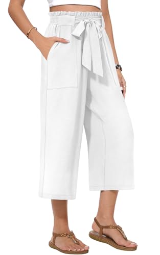 Womens Wide Leg Capri Pants Summer High Waisted Pants Drawstring Casual Loose Trousers with Pockets4