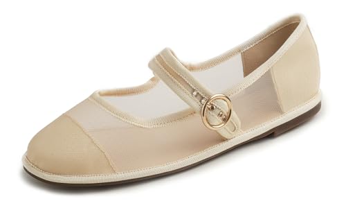 FEVERSOLE Women's Soft Breathable Mary Jane Memory Foam Cushioned Comfort Round Toe Metal Buckle Flats Walking Shoes Beige Mesh Size 9.5 M US