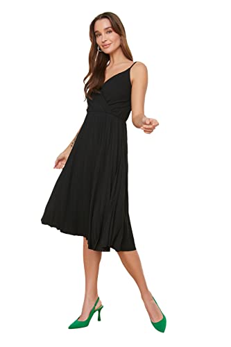 TRENDYOL Damen Blumenmuster Gestricktes Kleid Dress A-Linie, Schwarz, XXL