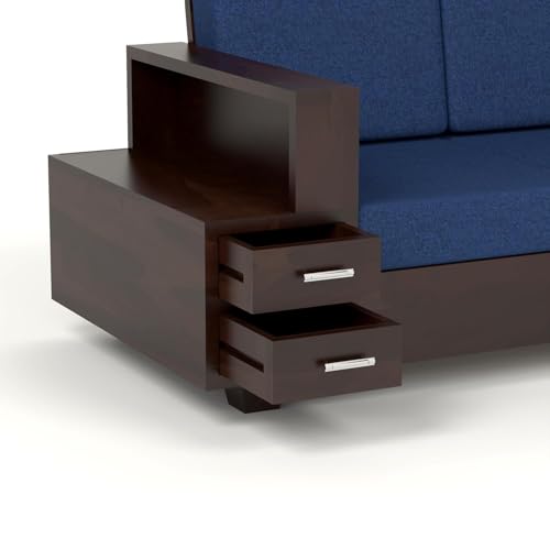 Image of Sheesham Wood 6 Seater L Shape Sofa Set with Storage Drawers and 40 Density Cushion | Solid Wooden Corner Sofa with Navy Blue Fabric Upholstery for Living Room