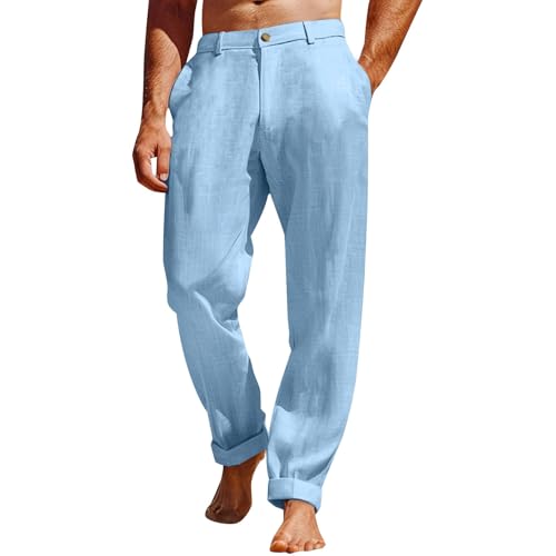 Pantalones ligeros para caminar, golf, para hombre, informales, color liso, pantalones de playa, de algodón y lino, cintura elástica, con cordón, pantalones deportivos ligeros y holgados, ajuste