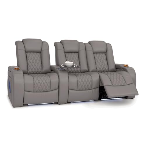 Image of Seatcraft Virtuoso LT Gray Italian Leather Home Theater Seating, Zero Gravity Power Recliner, Heat and Massage, Powered Headrest and Lumbar Gaming and Home Office Chair, Row of 3 Right Loveseats