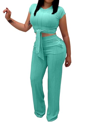 EDITCOZY Women 2 Piece Outfits Sexy Tie Front Crop Top Wide Leg Pants Sets Casual Summer Ribbed Two Piece Set Mint Green XL
