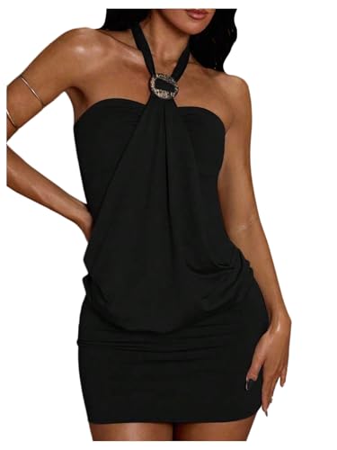 MakeMeChic Womens Ruffle Mini Dress Y2k Backless Sleeveless Western Going Out Halter Dresses Black Medium
