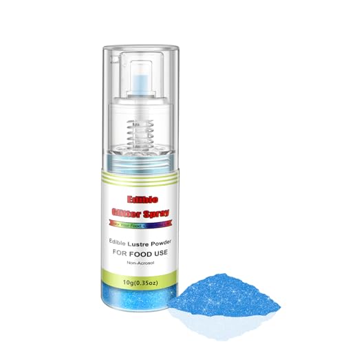 Edible Glitter Spray(Blue), Non Aerosol Food Coloring Lustre Powder, Food Grade Sparkling Dust Push Pump for Decorating Cupcake, Fondant, Cookie, Frosting, Gum paste, 0.35 OZ.