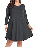 BELAROI Women's Plus Size Dress Fall Casual Swing 3/4 Sleeve T Shirt Loose Tunic Dress (L, Deep Gray)