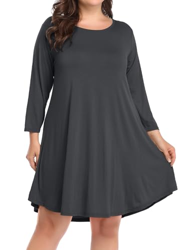 BELAROI Women's Plus Size Dress Fall Casual Swing 3/4 Sleeve T Shirt Loose Tunic Dress (L, Deep Gray)