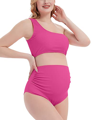 Sweetbump Maternity Bikini Swimsuit Two Pieces One Shoulder Maternity Swimwear Womens Summer Tankini Bathing Suit Rose Red S #TOP1
