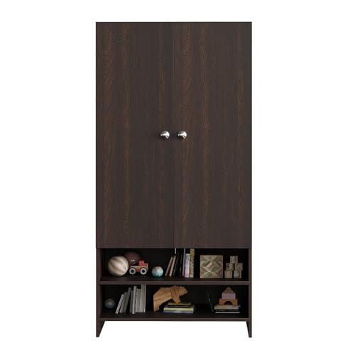 Image of FURNEASER YSH Engineered Wood Wardrobe Almirah for Clothes with 2 Doors & Open Shoe Rack | Wooden Closet Cabinet Organizer for Bedroom Living Room | Storage Cupboard (Wenge)