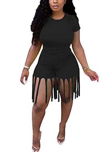 2 Piece Tassel Bodycon Outfit for Women Summer Sexy Clubwear Round Neck Crop Top and Tassel Short Clothes Matching Set (Black, Large, l)
