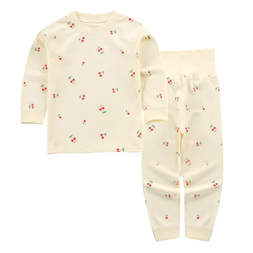YANWANG 100% Baumwolle Baby Kinder Schlafanzüge Jungen Mädchen Pyjamas Set Langarm Nachtwäsche（Cherry，1-2 Jahre）
