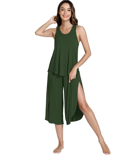 Image of NACHILA Bamboo Viscose Pajamas for Women Racerback Tank Capri Set | High Side Slits Design, Unrestricted Movement, Cooling Feel, Relaxed Loose Fit, for Hot Sleepers