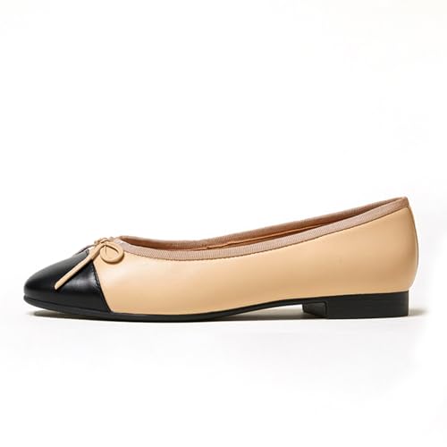LEMUTISME Women's Classic Round Toe Matte Leather Two-Tone Bow Ballet Flats Comfort Casual Closed Toe Daily Slip On Bow Pumps Shoes