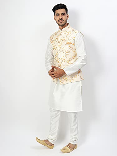 Image of Uri and MacKenzie Men's Silk Blend Regular Kurta Churidar Pyjama with Bundi Nehru Jacket /Waistcoat