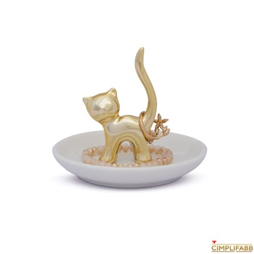Image of Trinket /Decorative /Jewellery /Key-Coin Tray /Home Decor /Ring-Earring-Neck Chain Holder /Return Gift /Round White Tray with Gold Figurine (Cat)